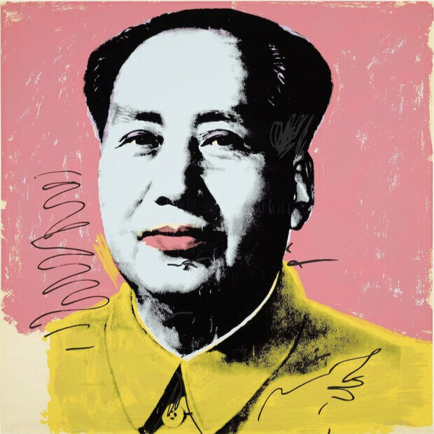Andy Warhol's painting of Mao in a yellow shirt on a pink background.