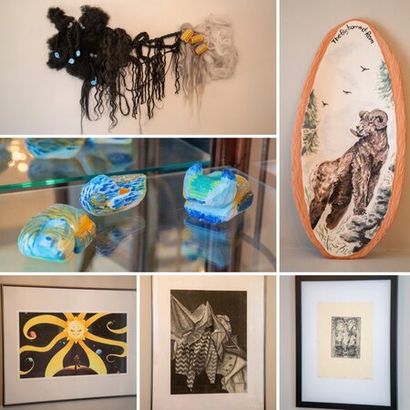painting of ram, graphic design of sun, sketch drawing, ceramics, and various artworks