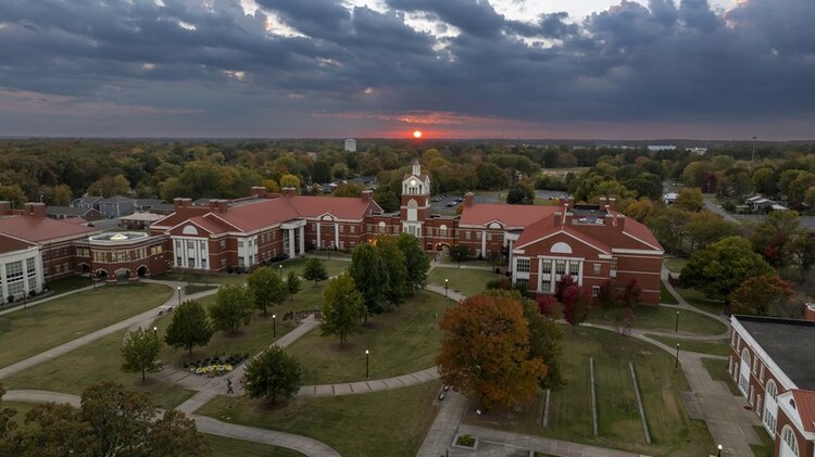 The science complex on Murray State's campus: a series of brick buildings, a clock tower, and a quad